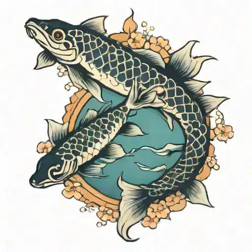 Cherry Blossom Tree And Koi Fish Swimming