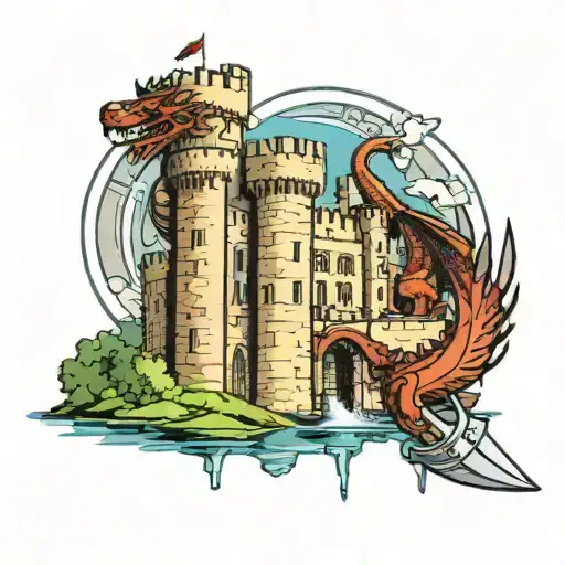 Bodium Castle With Moat Dripping Into An Excalibur Sword Wrapped In Dragon Wings