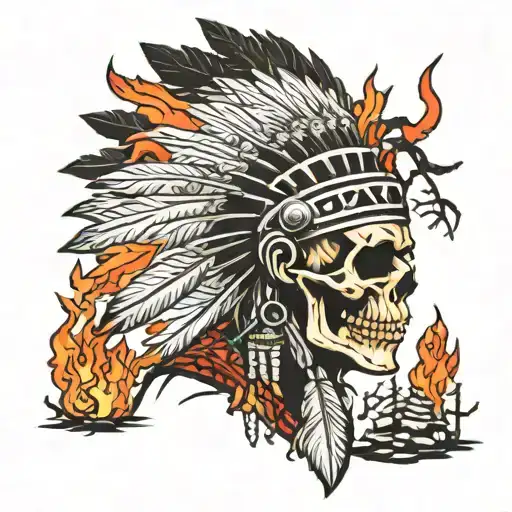 Chief Indian Skull With Black Trees Beneath And A Fire With Logs Around A Fire