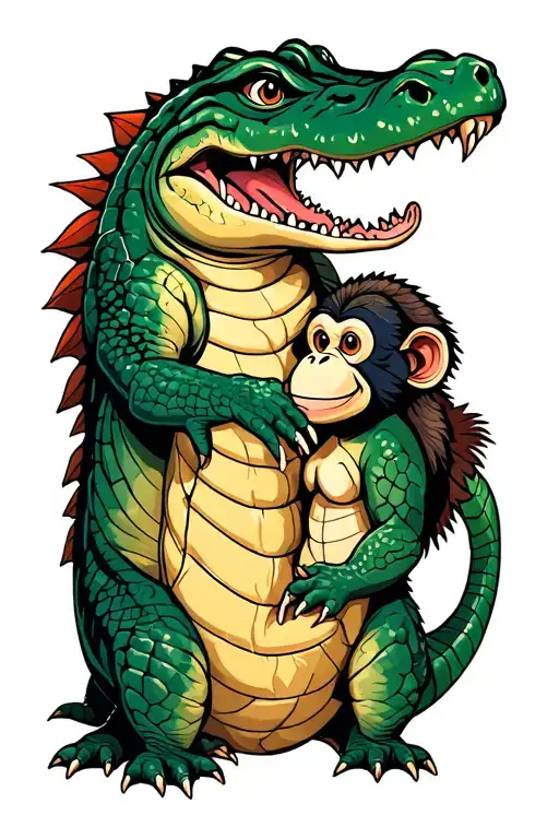 Alligator And Monkey Friends Holding Hands