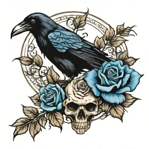 Raven On Skull With Blue Roses