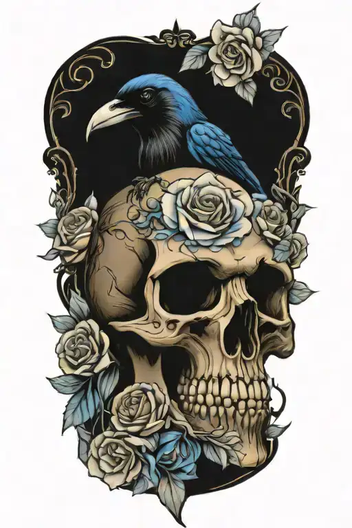 Raven On Skull With Blue Roses