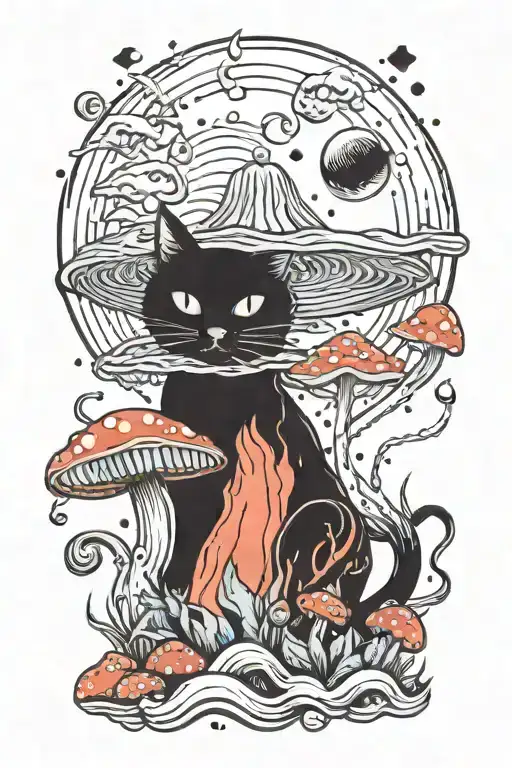 Melting Colorful Mushroom Black Cat With Moon