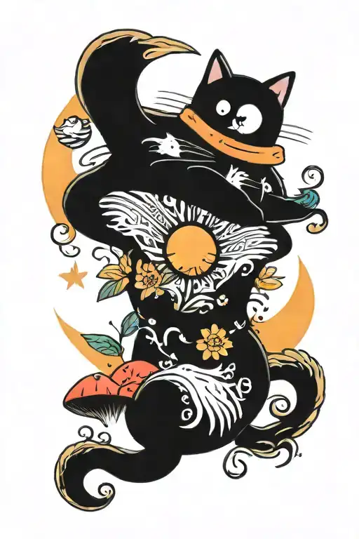Melting Colorful Mushroom Black Cat With Sun And Moon
