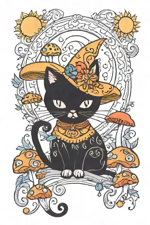 Colorful Mushroom Black Cat With Sun And Moon