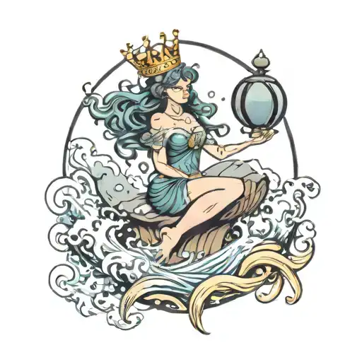 Boulder In Ocean Wave Crashing With Fairy Sitting On Top Holding A Crown