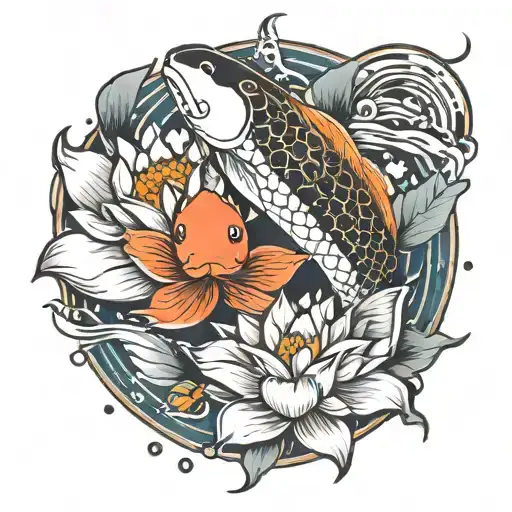 Koi Fish And Lotus Flower