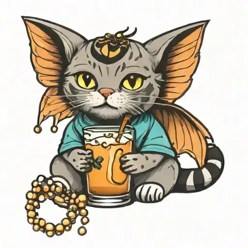 Cute Cat With Cute Eyes With Cool Wings Holding A Bobs Drink With Visible Boba Pearls