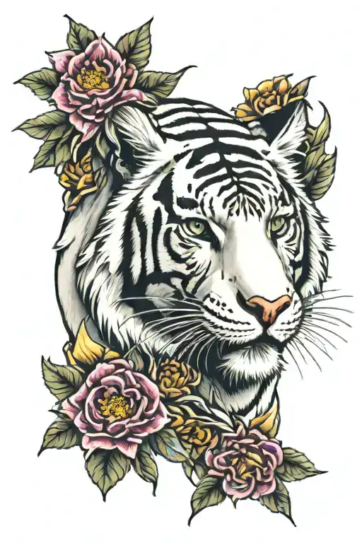 White Tiger Surrounded With Big Coloured Flowers Down One Side