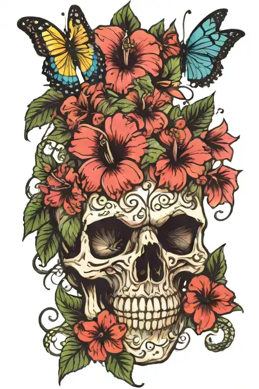 One Skull With A Lot Of Hibiscus Flowers And Butterflies