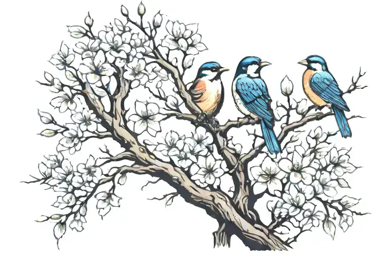 Long Tree Branch With Blossoms And Three Birds