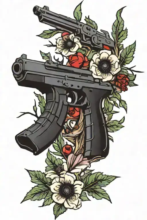 Kalashnikov Made From Tree Branches And Red Anemone Flowers