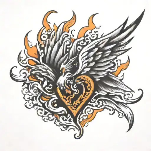 Phoenix Wings Body In Heart In Flame