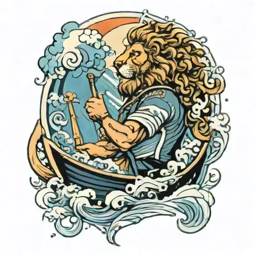 A Sailor Navigating Through Stormy Seas With A Lion Representing Leo On His Shoulder