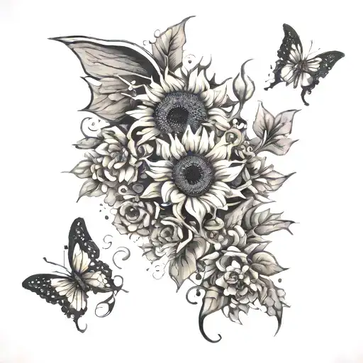Sunflower And Dragons With Normal Flowers And Butterflies