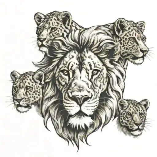 Lion With 5 Cubs Face Only
