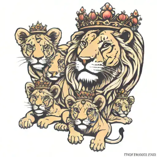 Lion With Crown And 5 Cubs