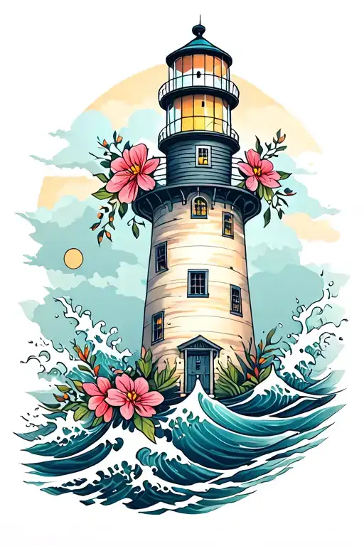 Light House With Flowers And Water Waves