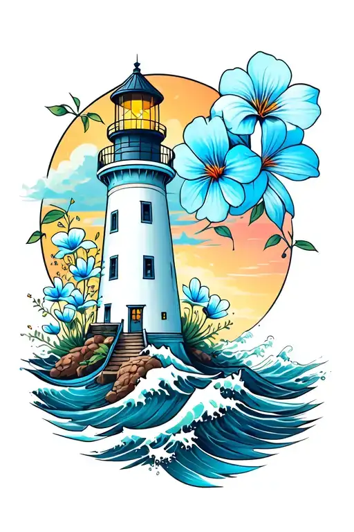 Light House With Blue Flowers And Water Waves