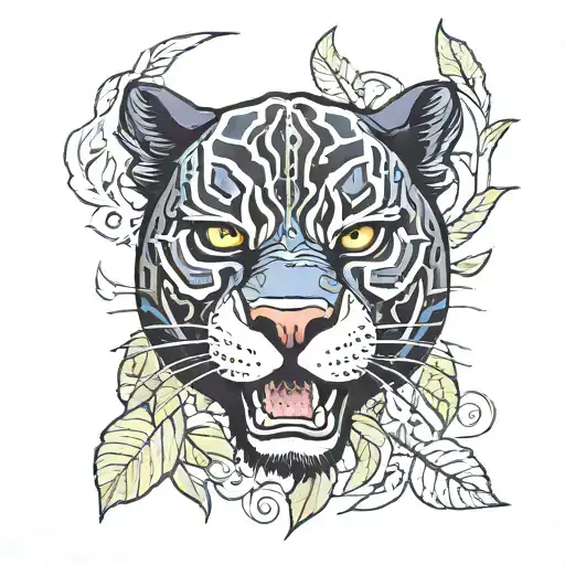 Black Panther Roaring Facing Forward With Colored Tongue And Leaves Sticking Out Around The Panther