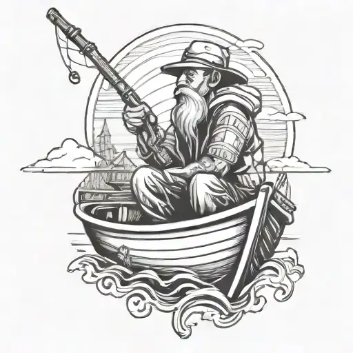 Fisherman In A Boat Line Art Profile