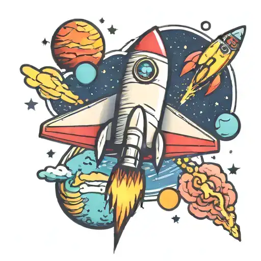 A Rocketship Flying In A Galaxy Colorful Filled With Planets And Stars