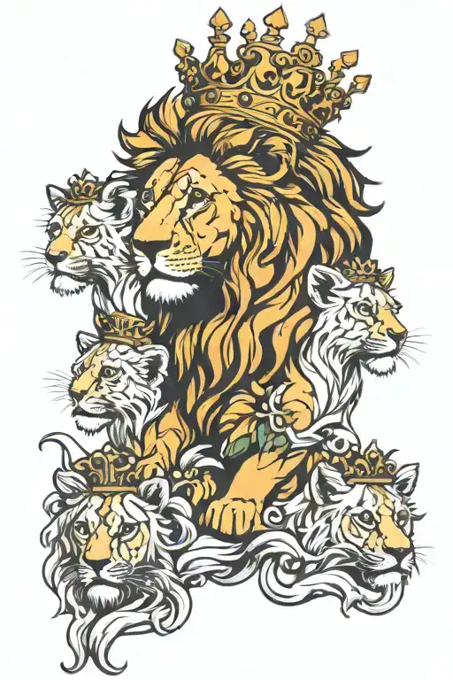 Lion Wearing A Crown With Lioness And 5 Cubs
