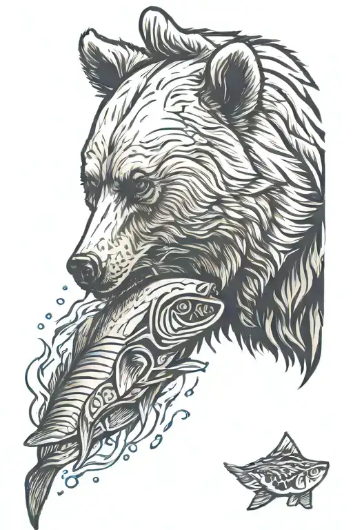 Grizzly Bear Head With Salmon And Water