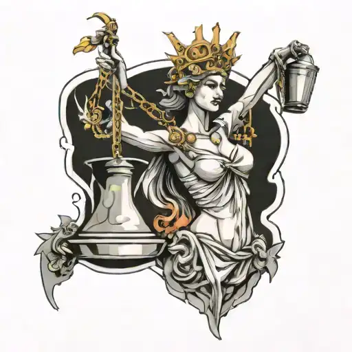 A Beautiful Lady Justice Aquarian Woman Pouring Water From A Pale With A Gun On Her Hip