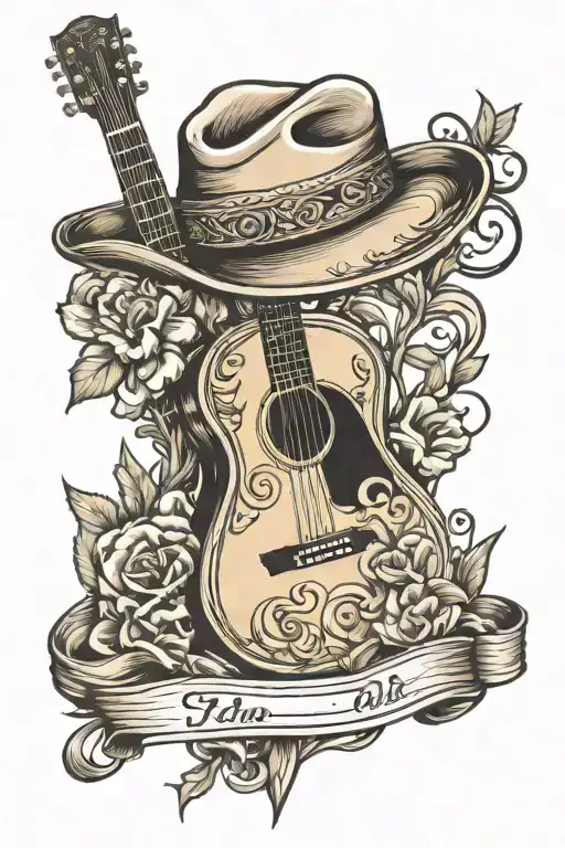Cowboy Hat And Acoustic Guitar Intertwined