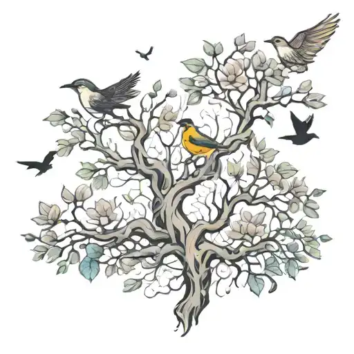 Tree Growing Routes And Birds Flying Away