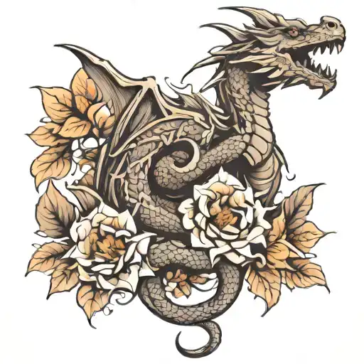 Dragon And Flowers Sketch Style Tattoo Not Colored