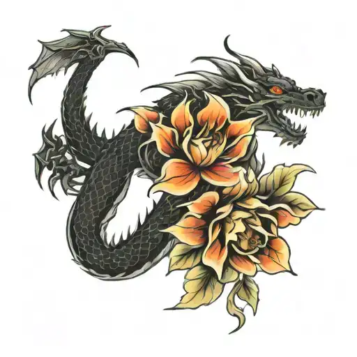 Black And White Dragon And Flower