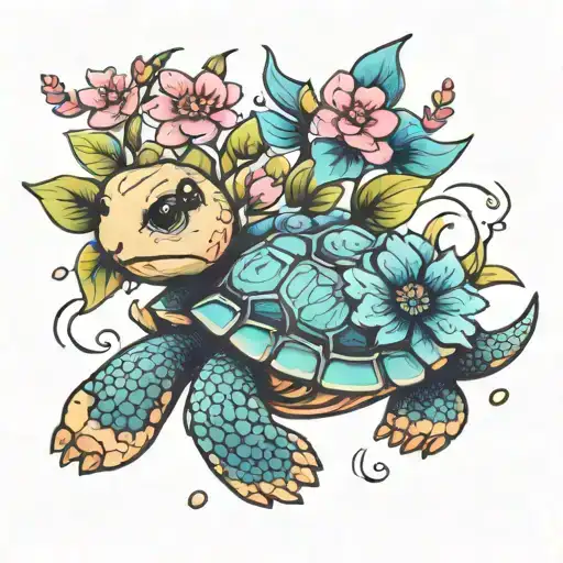 Baby Turtle With Pink And Blue Flowers