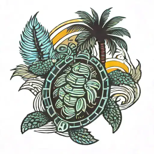 Palm Tree Sun Waves Turtle