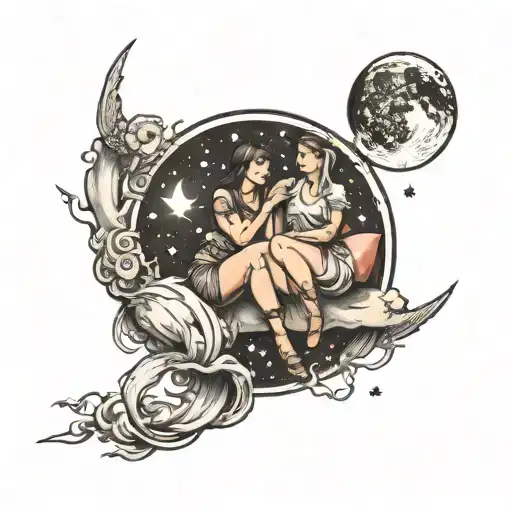 3 People Sitting On Moon Tattoo Design