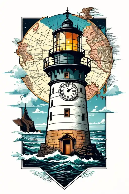 Lighthouse With Clock And Map Outline