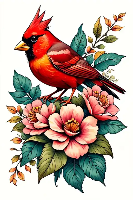 Cardinal Bird With Flowers
