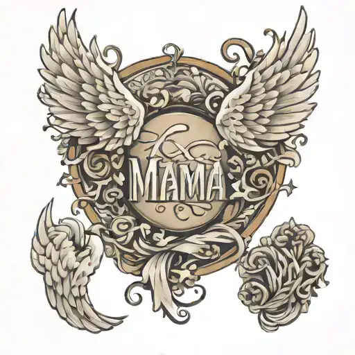 Angel Wings With The Word Mama In The Middle And Doves Around It