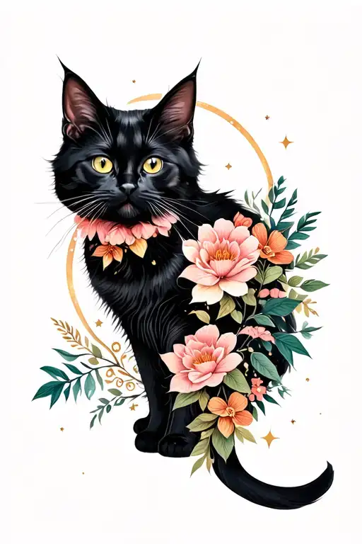 Floral Leaves Fluffy Black Cat Celestial Detailed