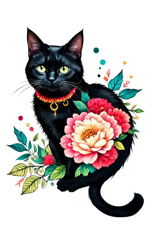 Floral Leaves Fluffy Black Cat Celestial Detailed
