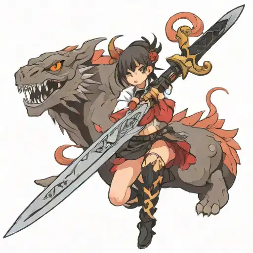 Anime Girl With Sword And Monster