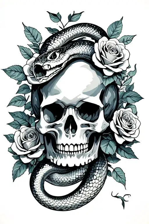 Snake Inside A Skull Surrounded With Roses