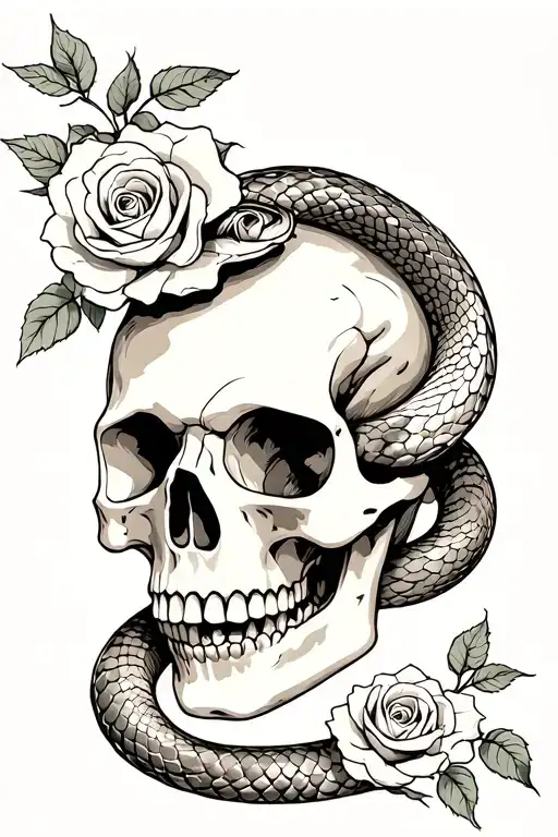 Snake Inside A Skull Surrounded With Roses