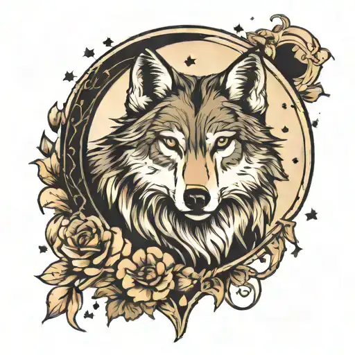 Wolf With Moon Surrounded By Stars