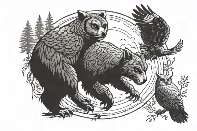 California Bear Walking With A Great Horned Owl Flying Above