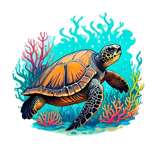 Sea Turtle Surrounded By Coral Reefs