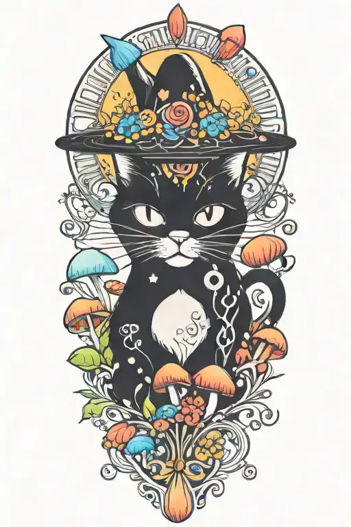 Black Cat With 3 Eye Balls And Trippy Colorful Mushrooms With Moon Melting