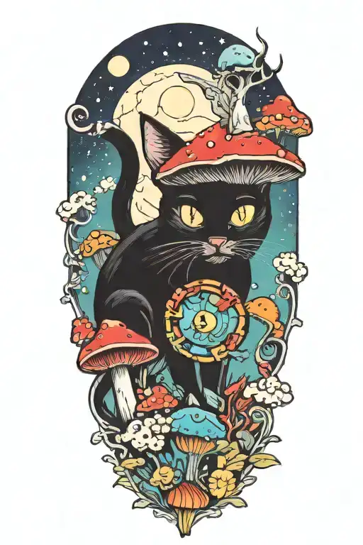 Black Cat With 3 Eye Balls And Trippy Colorful Mushrooms With Moon Melting