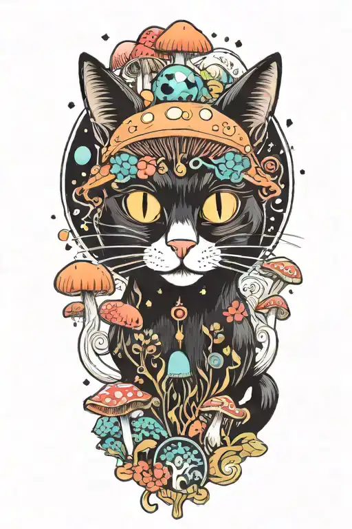 Black Cat With 3 Eye Balls And Trippy Colorful Mushrooms With Moon Melting
